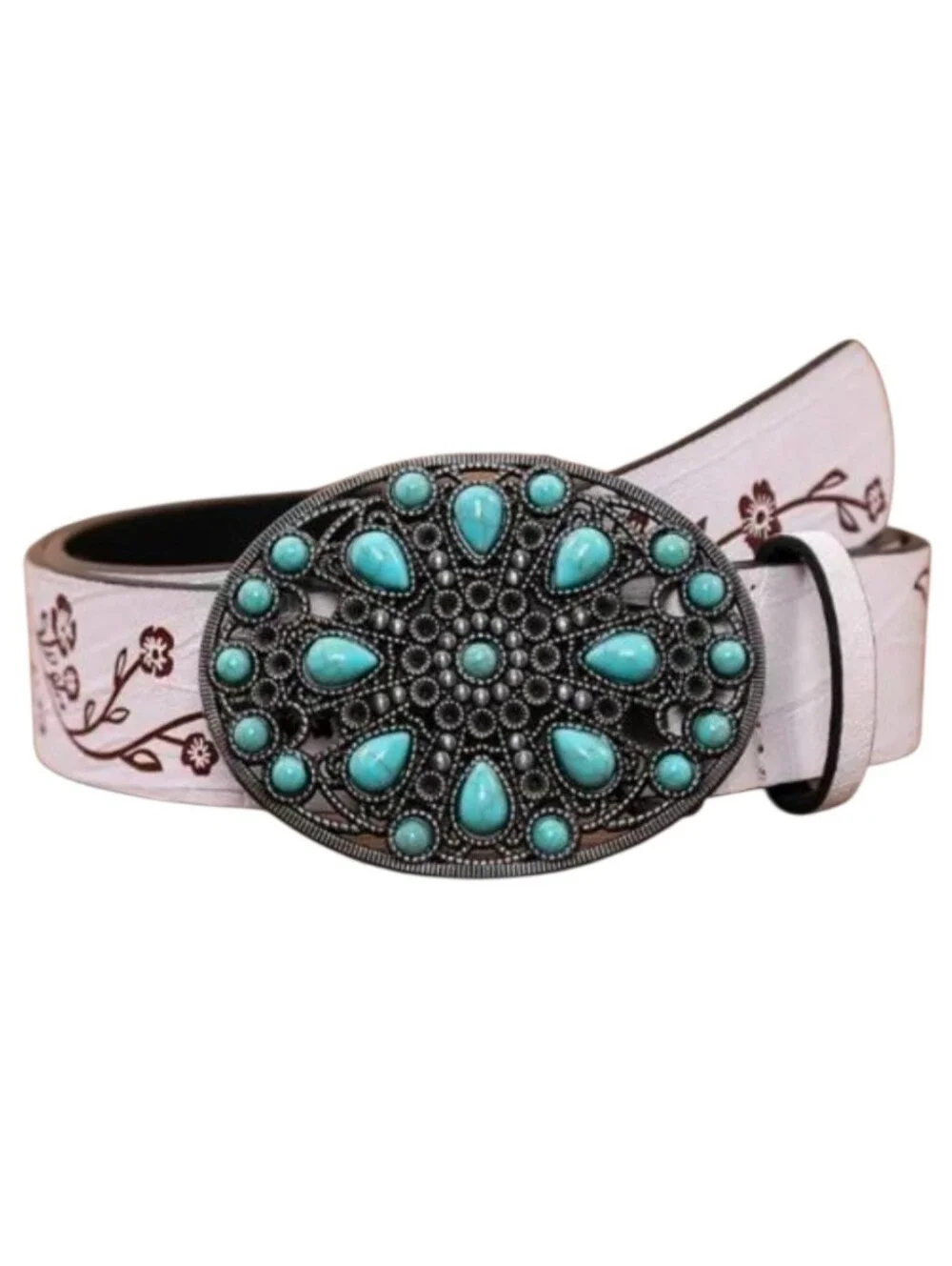 Women's Western White & Silver Tone Faux Turquoise Stone Belt